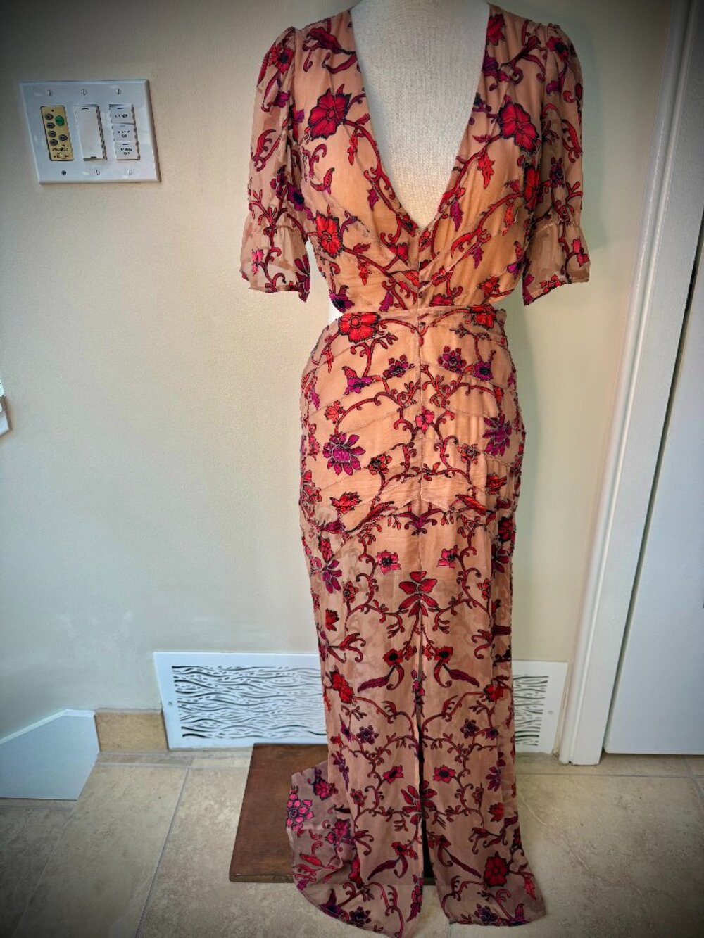 For Love & Lemons Sheer Mauve Chiffon Dress w/ Red & Pink Floral Print, Maxi, S - Picture 5 of 16